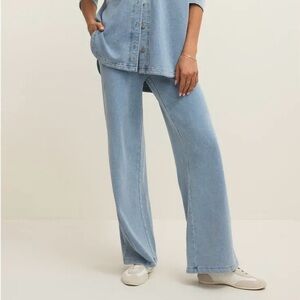 Z Supply Hunter Denim Cotton Knit Light Blue Wide Leg Pants with Drawstring SZ.M